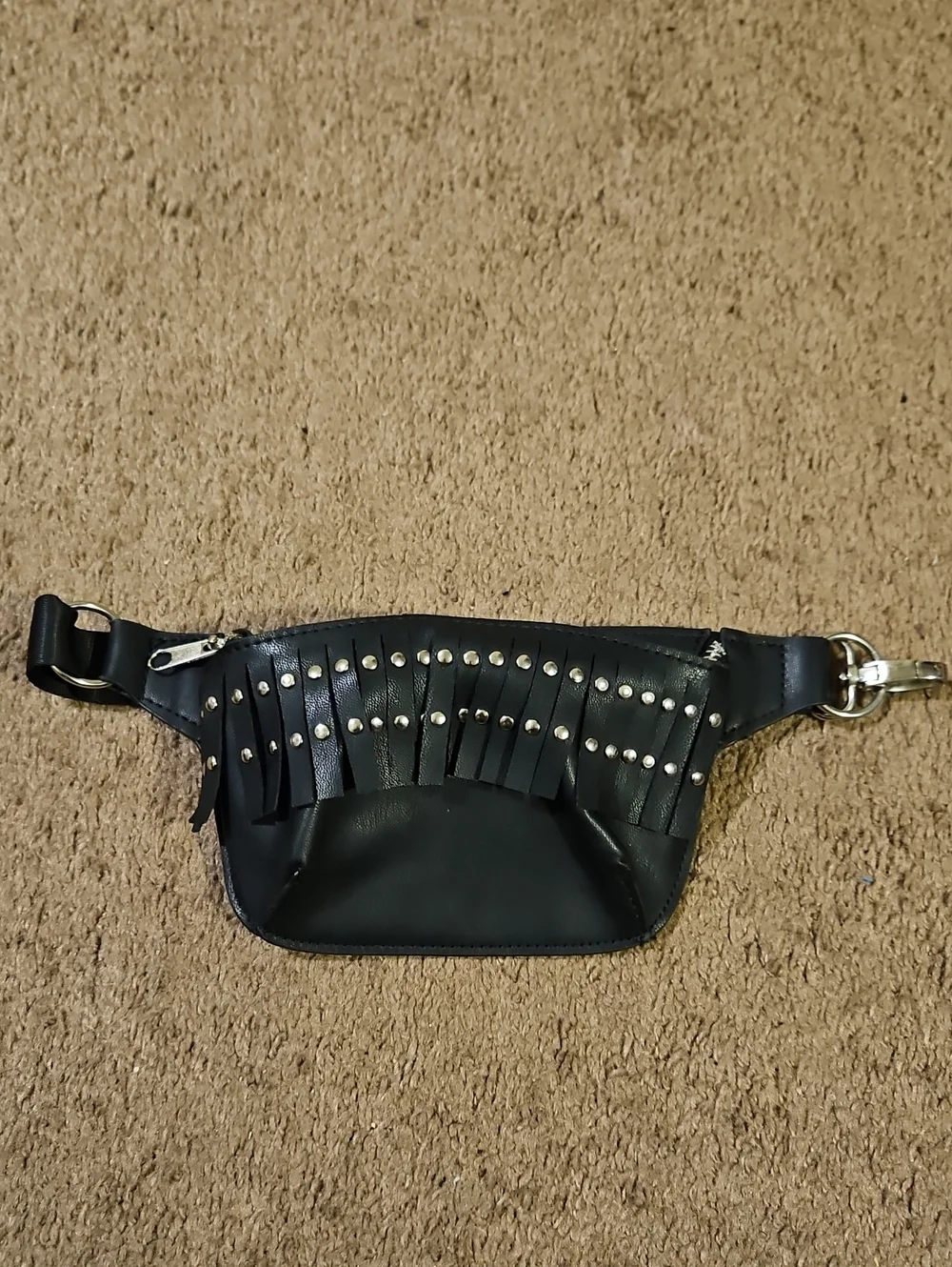 Fringe Studded Little Girls Black Faux Leather Waist Bag